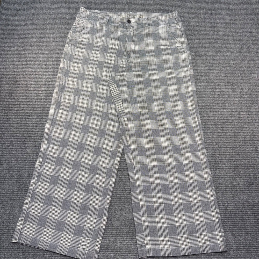American Eagle Super High-Rise Baggy Wide Leg Plaid Pants Grey White Womens 14S